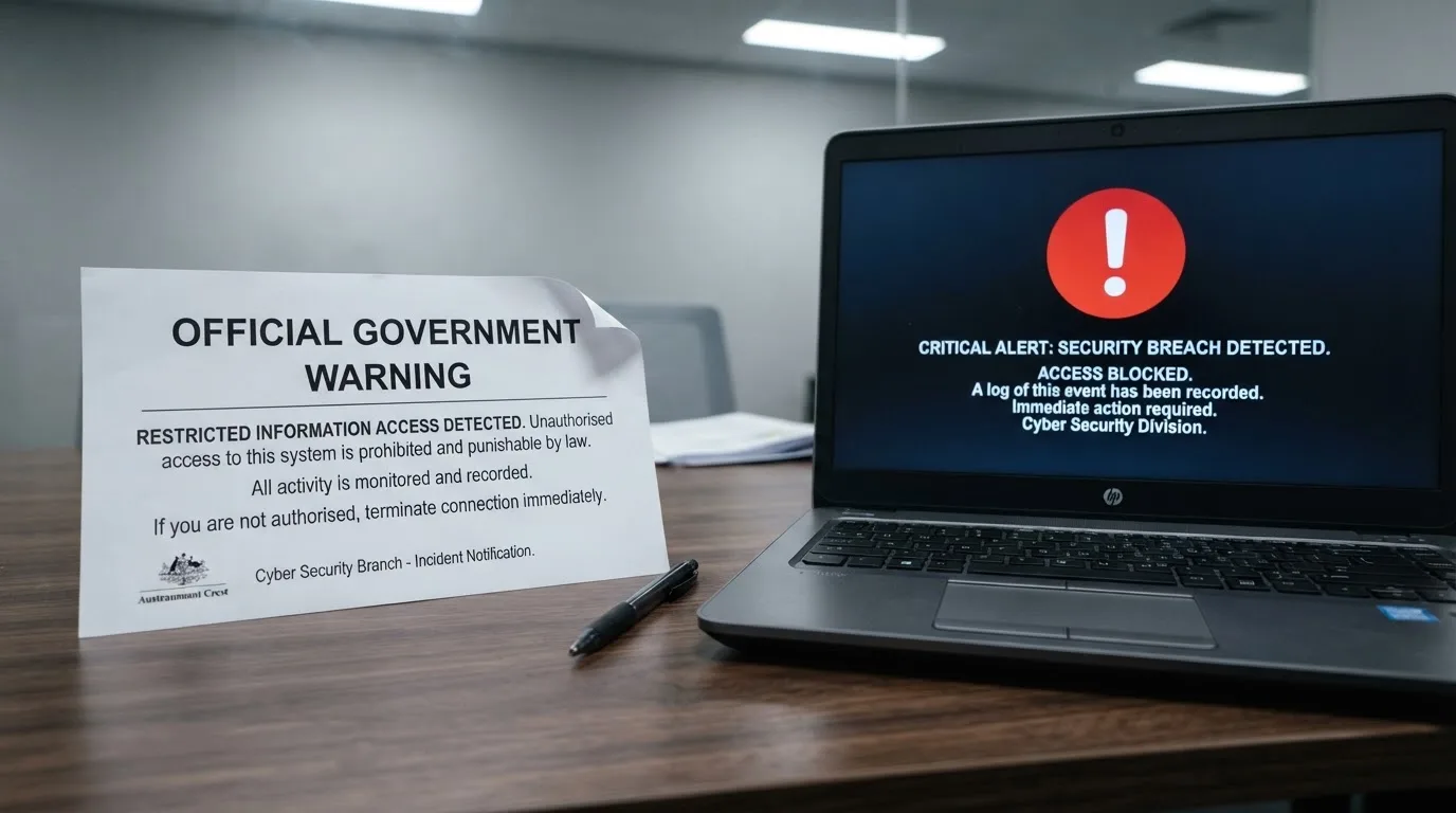 A printed government warning notice on a desk beside a laptop with a red alert icon on the screen.