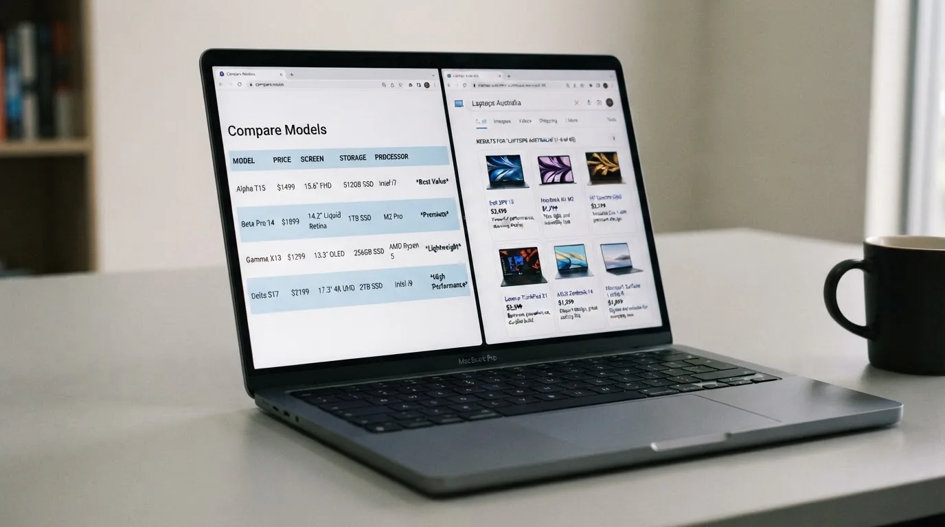 A laptop screen split between two browser tabs, one showing a comparison table and the other a search results page.