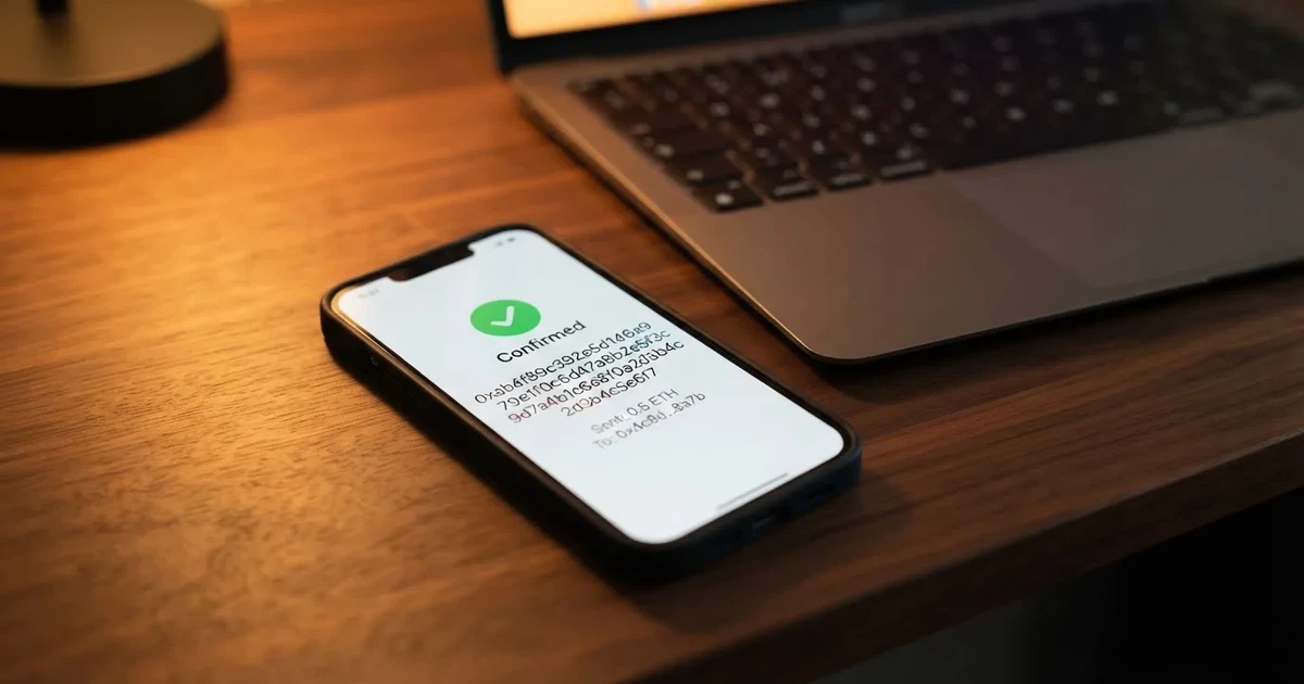 A phone displaying a blockchain transaction confirmation screen next to a laptop keyboard.