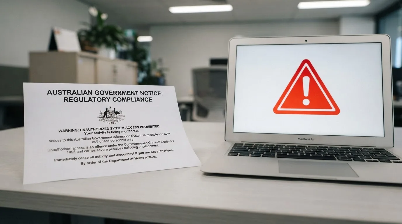 A printed government warning notice on a desk beside a laptop with a red alert icon on the screen.