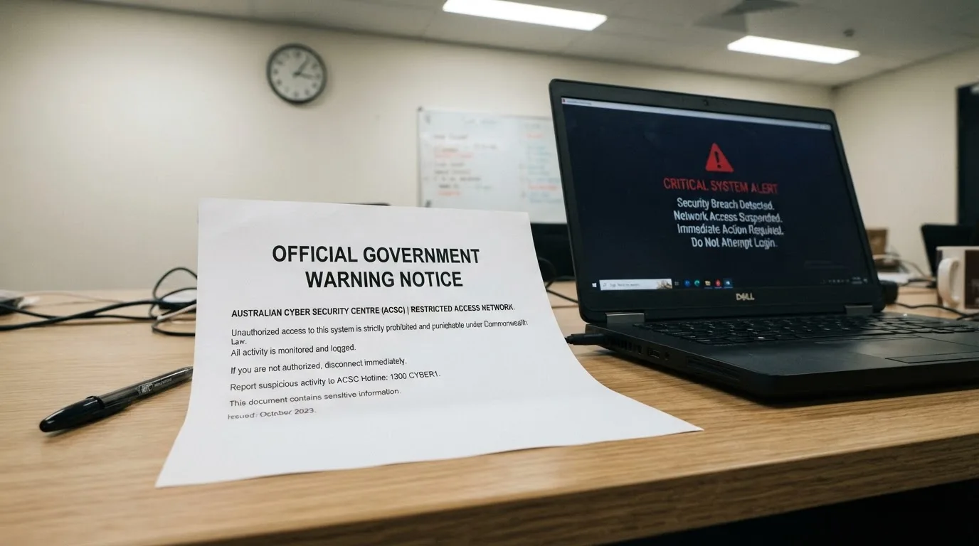 A printed government warning notice on a desk beside a laptop with a red alert icon on the screen.