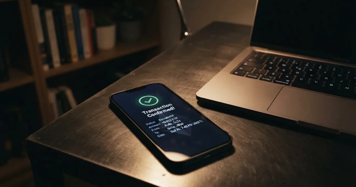 A phone displaying a blockchain transaction confirmation screen next to a laptop keyboard.