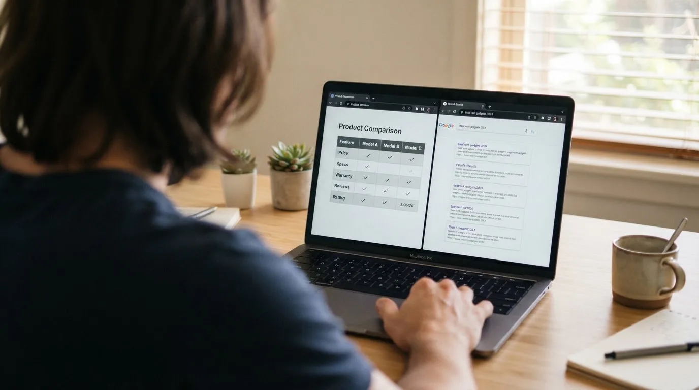 A laptop screen split between two browser tabs, one showing a comparison table and the other a search results page.