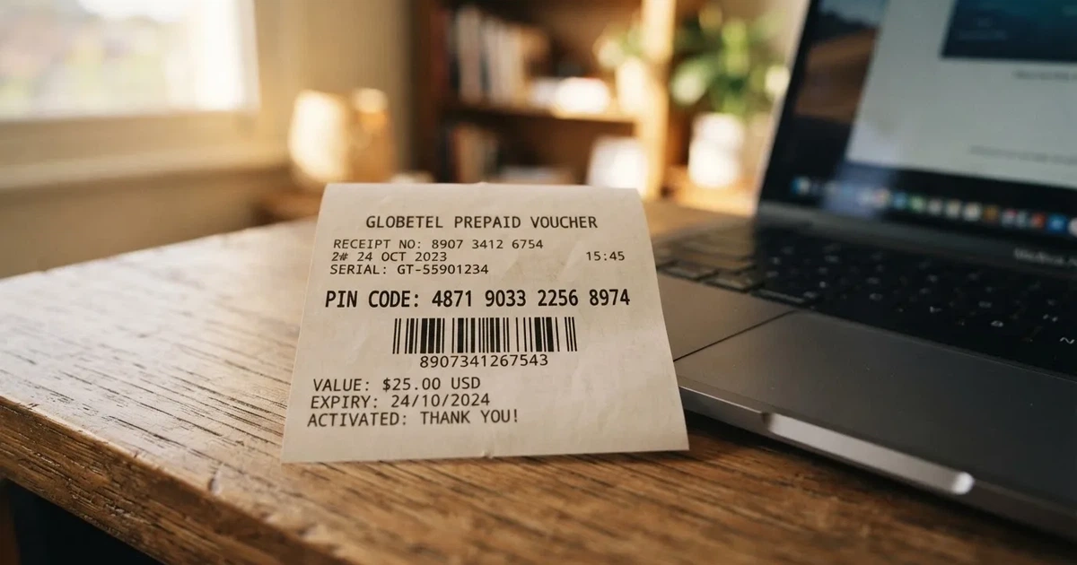 A printed prepaid voucher receipt lying beside a laptop keyboard.