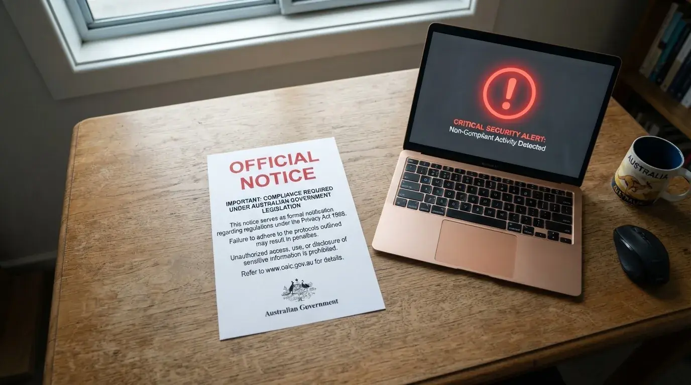 A printed government warning notice on a desk beside a laptop with a red alert icon on the screen.