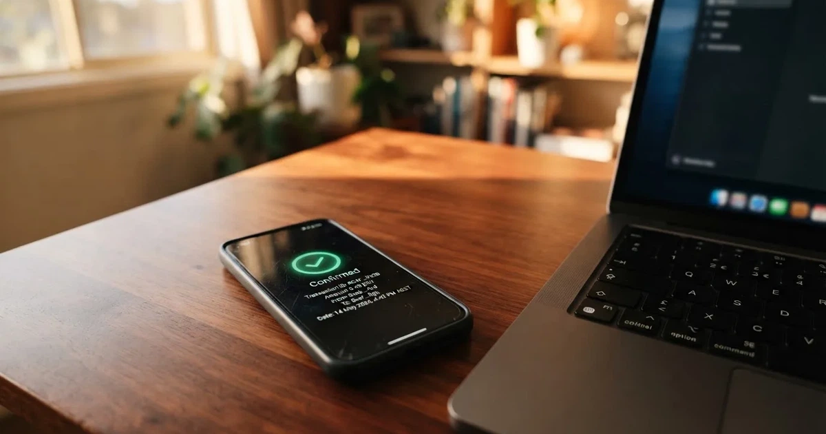 A phone displaying a blockchain transaction confirmation screen next to a laptop keyboard.