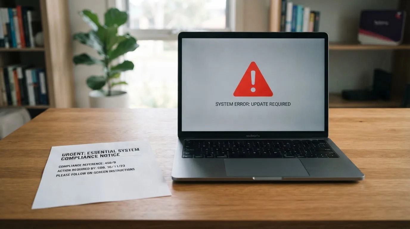 A printed government warning notice on a desk beside a laptop with a red alert icon on the screen.