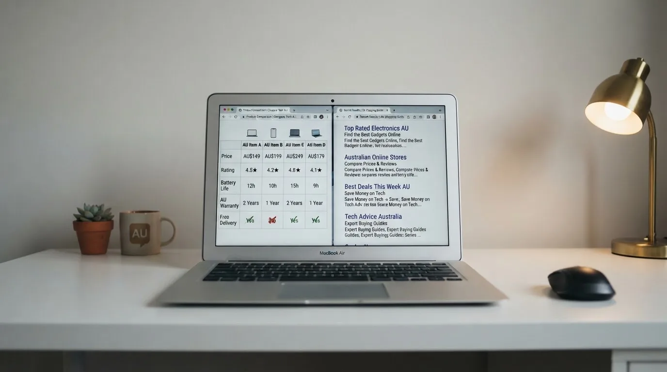 A laptop screen split between two browser tabs, one showing a comparison table and the other a search results page.