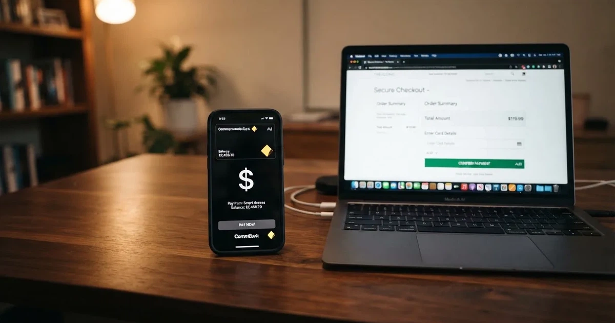 A smartphone screen showing a digital wallet balance next to a laptop cashier page.
