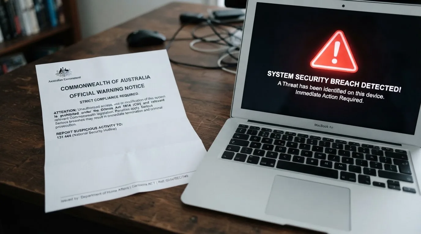 A printed government warning notice on a desk beside a laptop with a red alert icon on the screen.