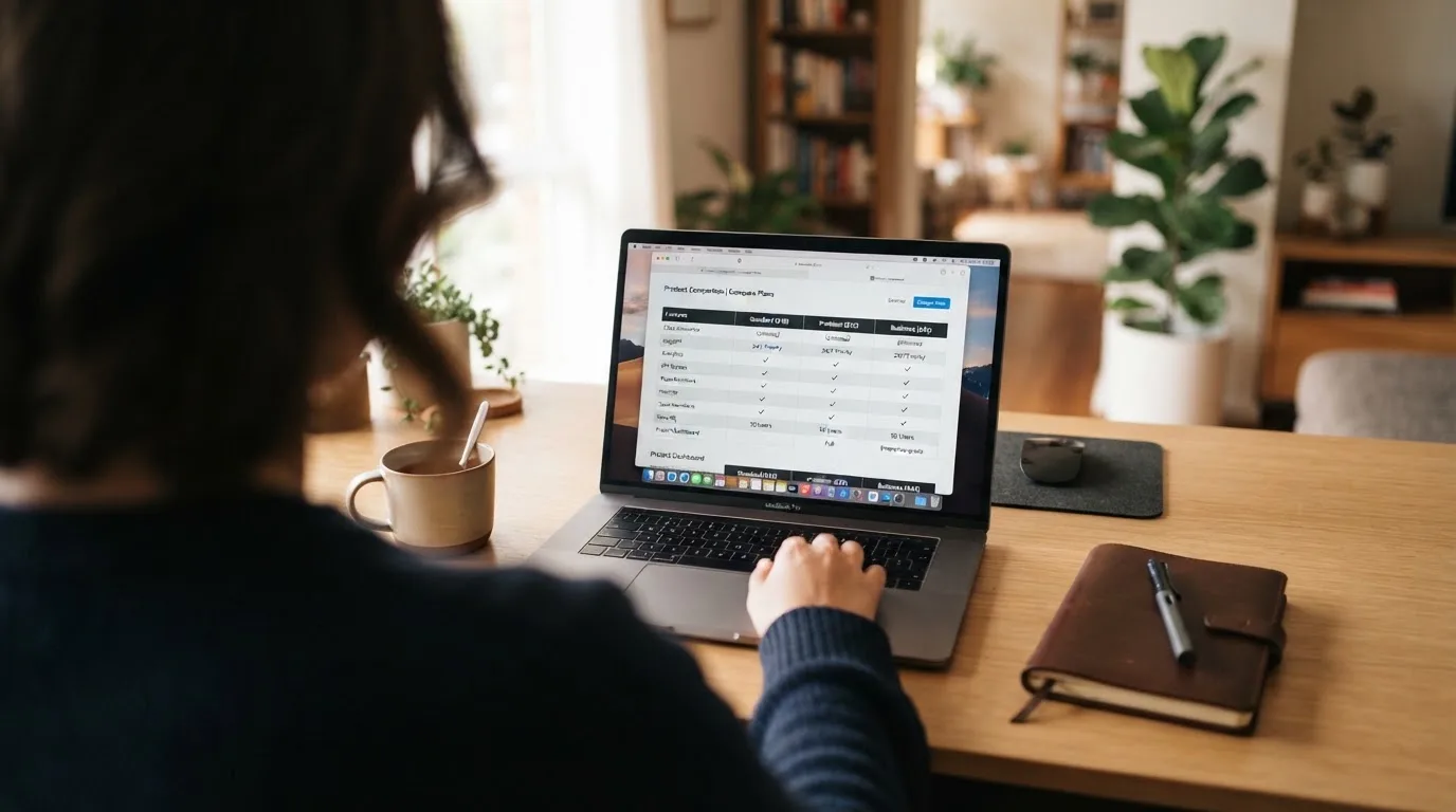 A laptop screen split between two browser tabs, one showing a comparison table and the other a search results page.