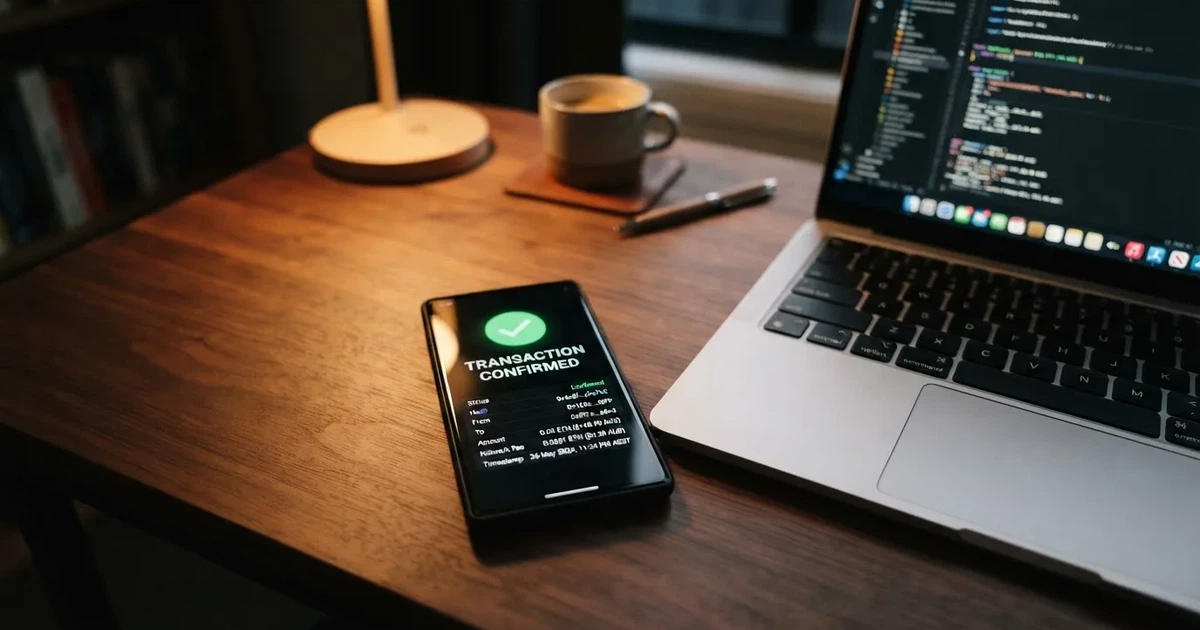 A phone displaying a blockchain transaction confirmation screen next to a laptop keyboard.