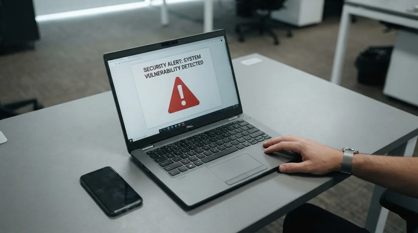 A printed government warning notice on a desk beside a laptop with a red alert icon on the screen.