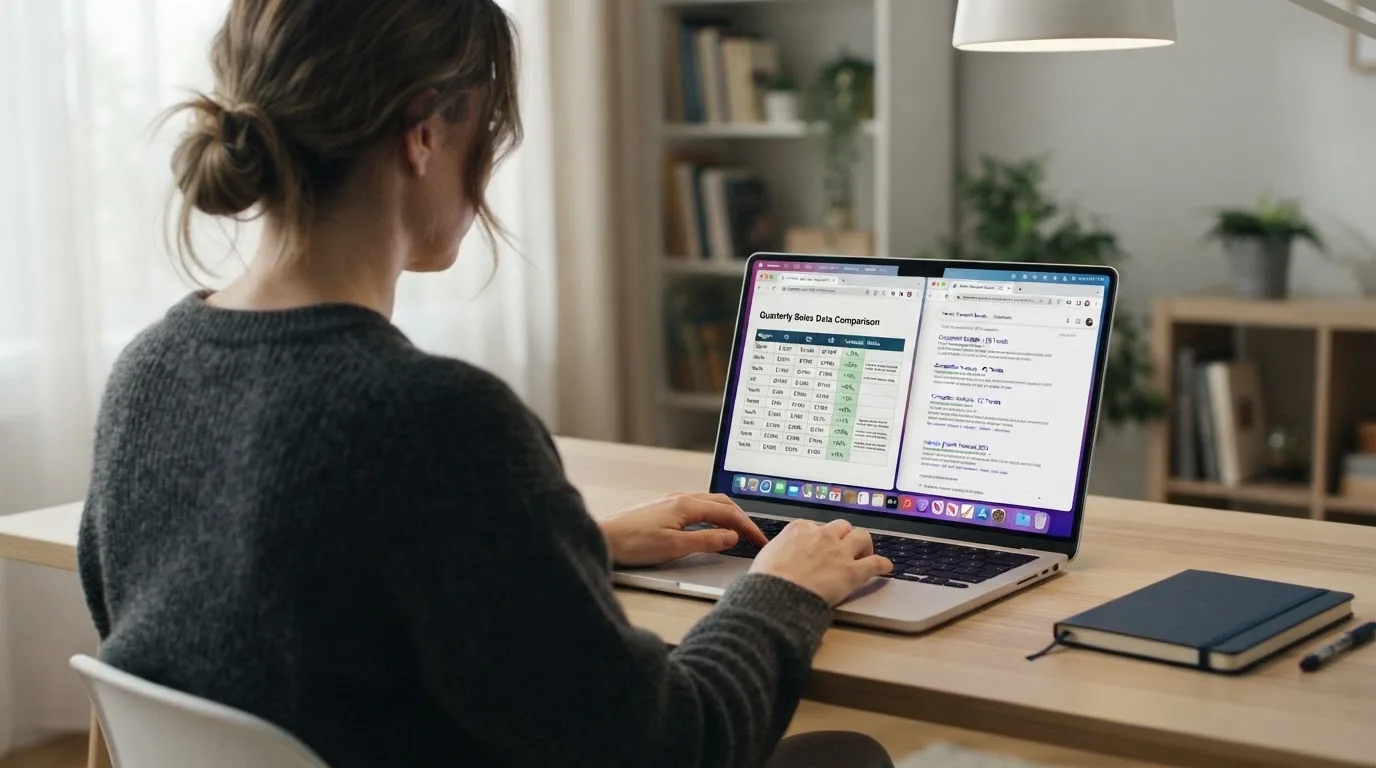 A laptop screen split between two browser tabs, one showing a comparison table and the other a search results page.
