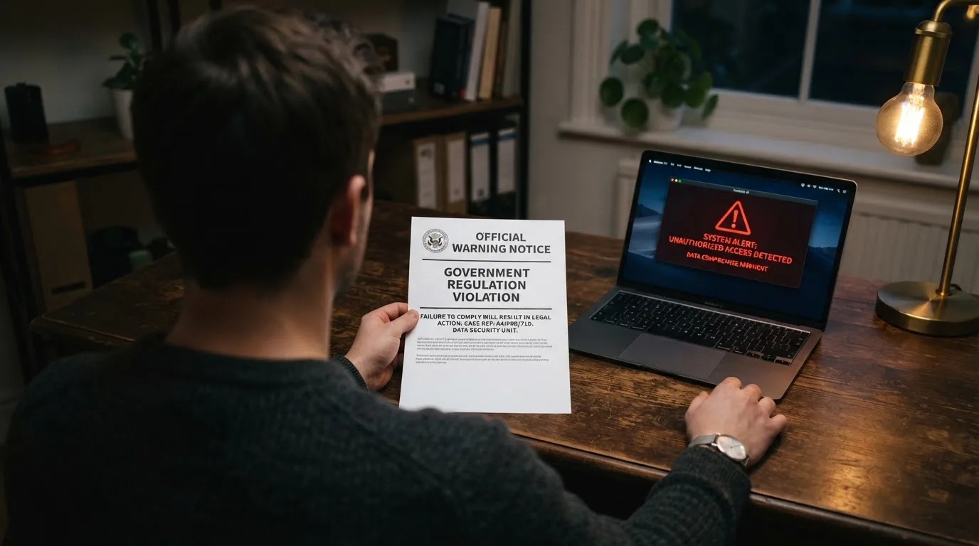 A printed government warning notice on a desk beside a laptop with a red alert icon on the screen.