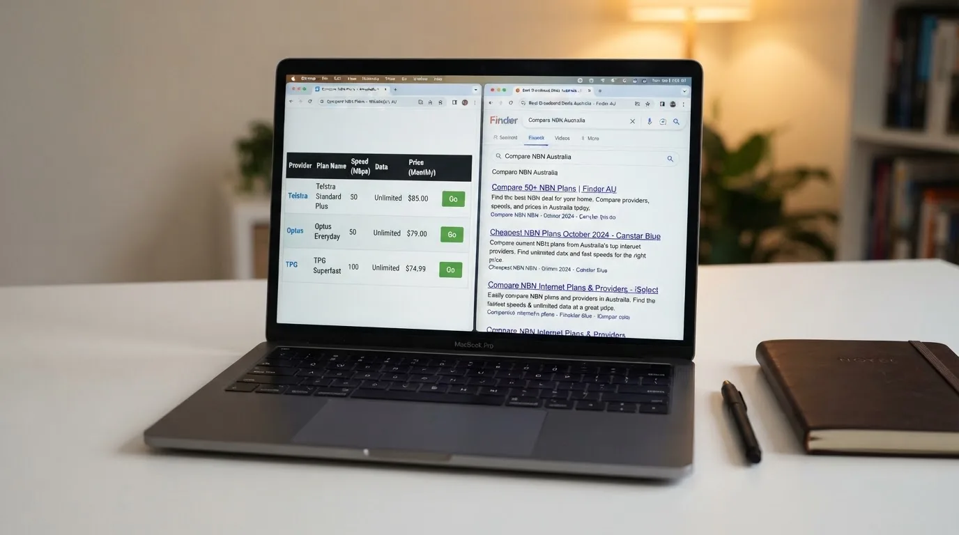 A laptop screen split between two browser tabs, one showing a comparison table and the other a search results page.