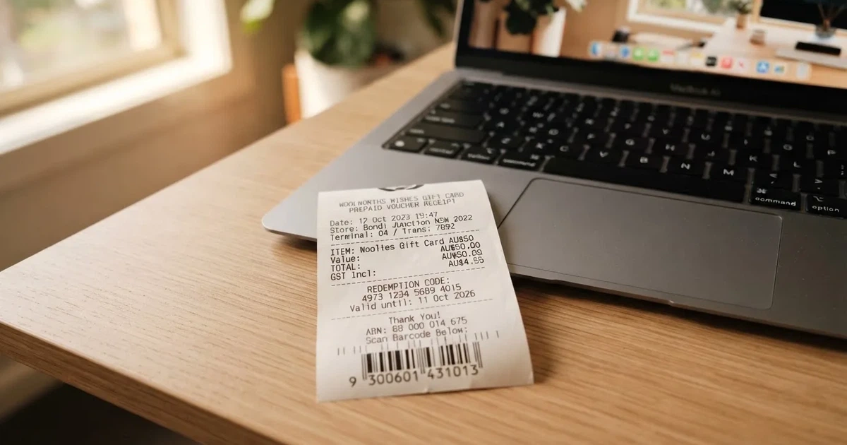 A printed prepaid voucher receipt lying beside a laptop keyboard.