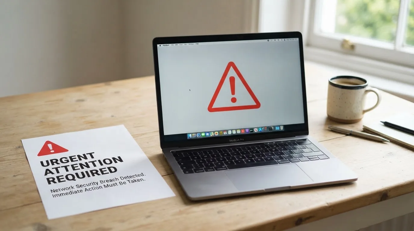 A printed government warning notice on a desk beside a laptop with a red alert icon on the screen.