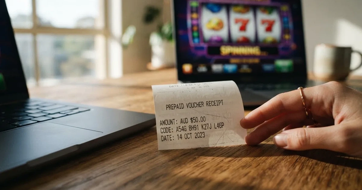 A printed prepaid voucher receipt lying beside a laptop keyboard.