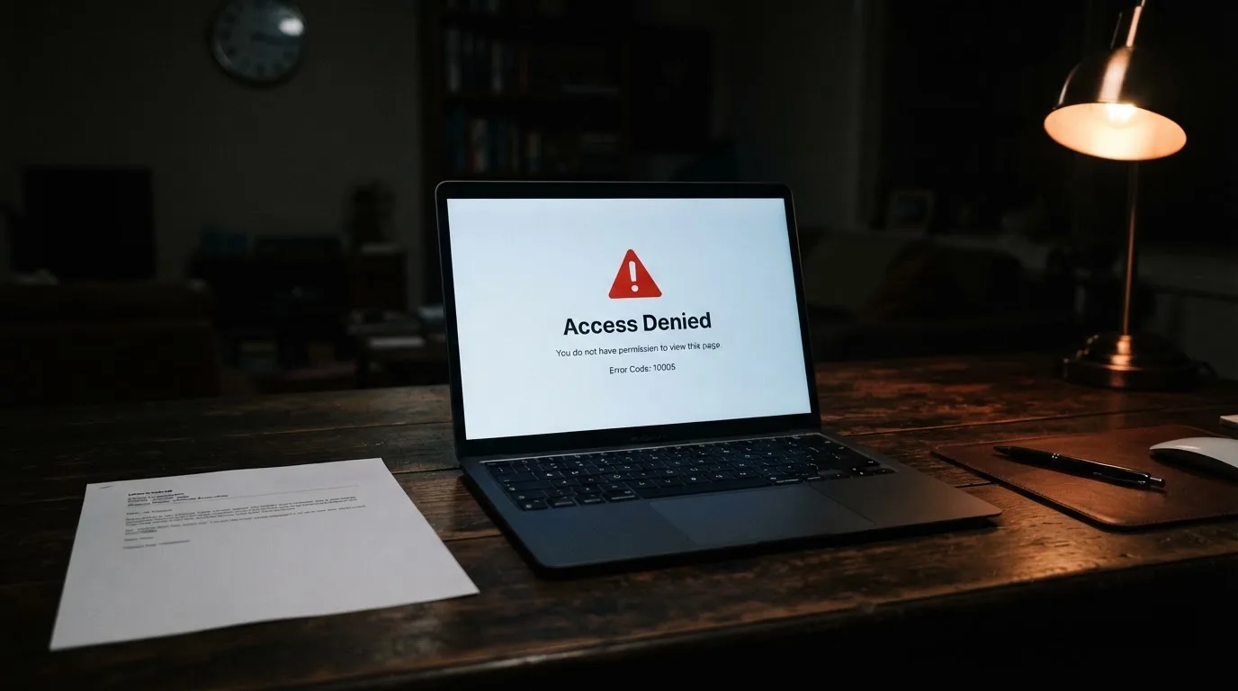 A printed government warning notice on a desk beside a laptop with a red alert icon on the screen.