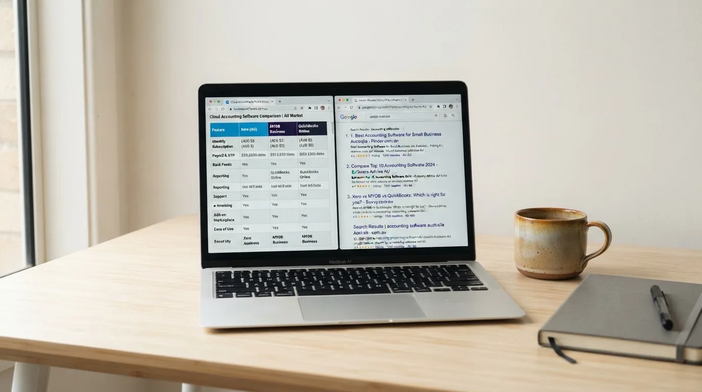A laptop screen split between two browser tabs, one showing a comparison table and the other a search results page.