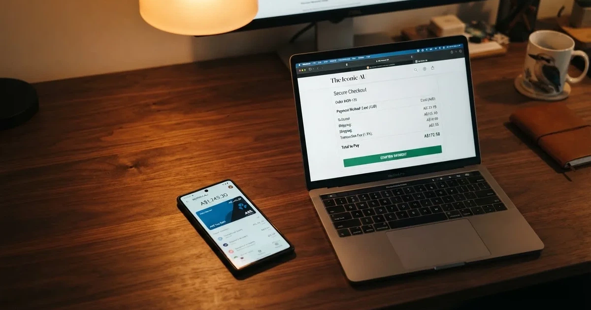 A smartphone screen showing a digital wallet balance next to a laptop cashier page.