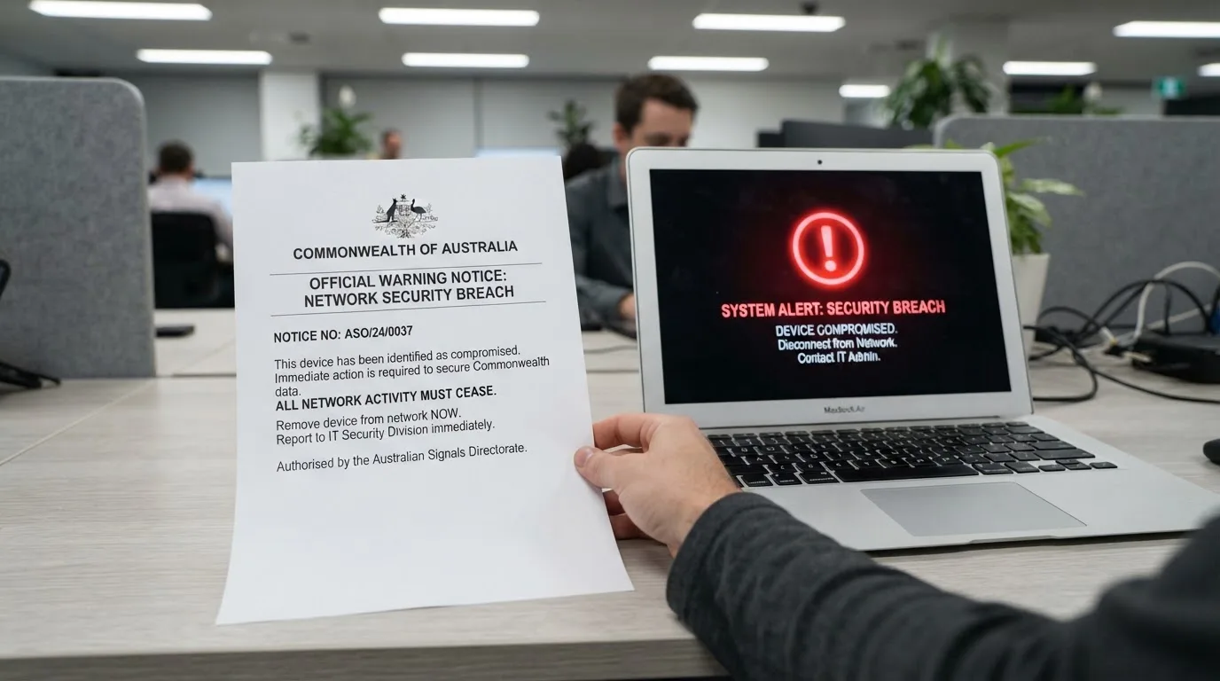 A printed government warning notice on a desk beside a laptop with a red alert icon on the screen.