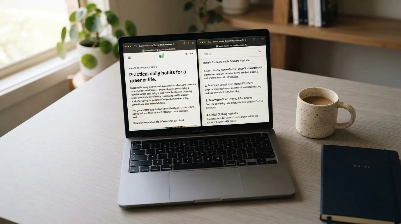 A laptop screen split between two browser tabs, one showing a comparison table and the other a search results page.