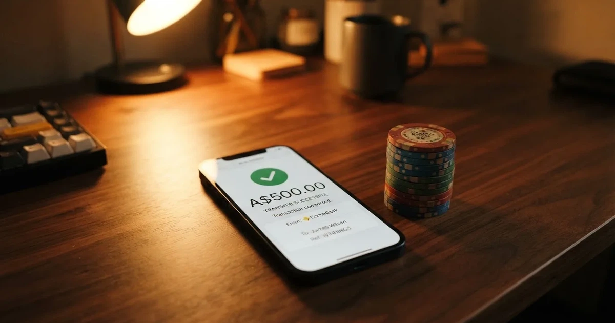 A phone displaying a bank transfer confirmation screen next to a stack of Australian dollar notes.