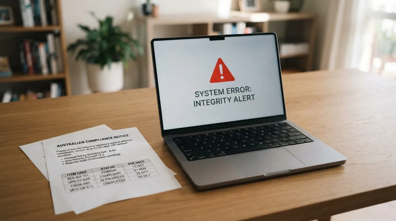 A printed government warning notice on a desk beside a laptop with a red alert icon on the screen.