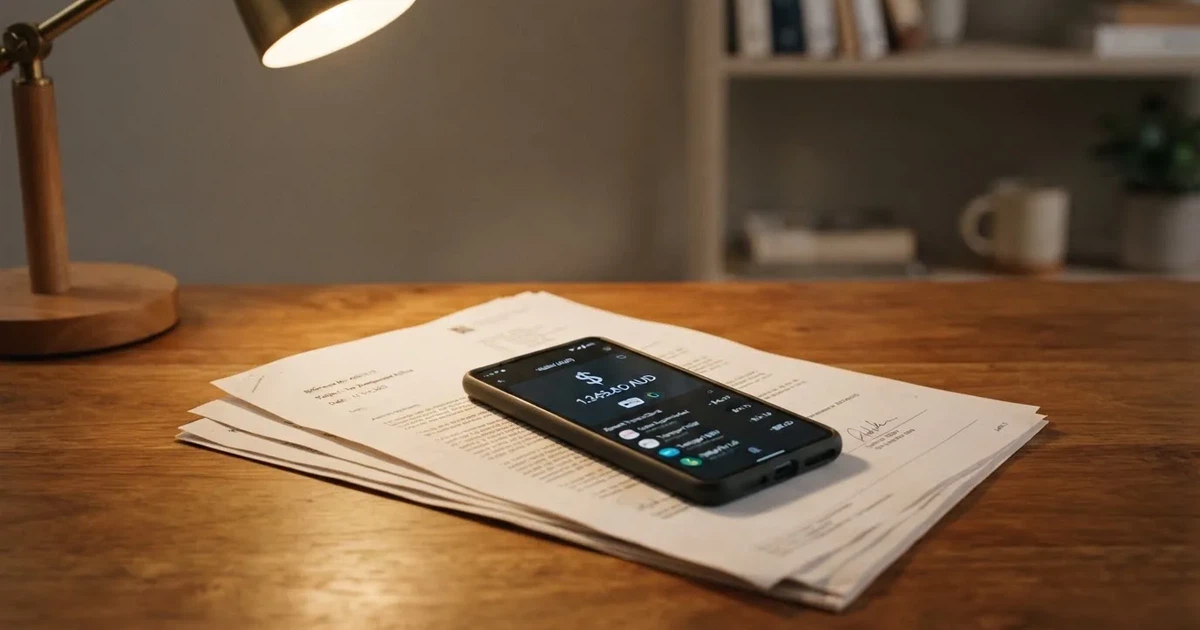 A phone showing a digital wallet balance screen resting on a stack of paperwork.