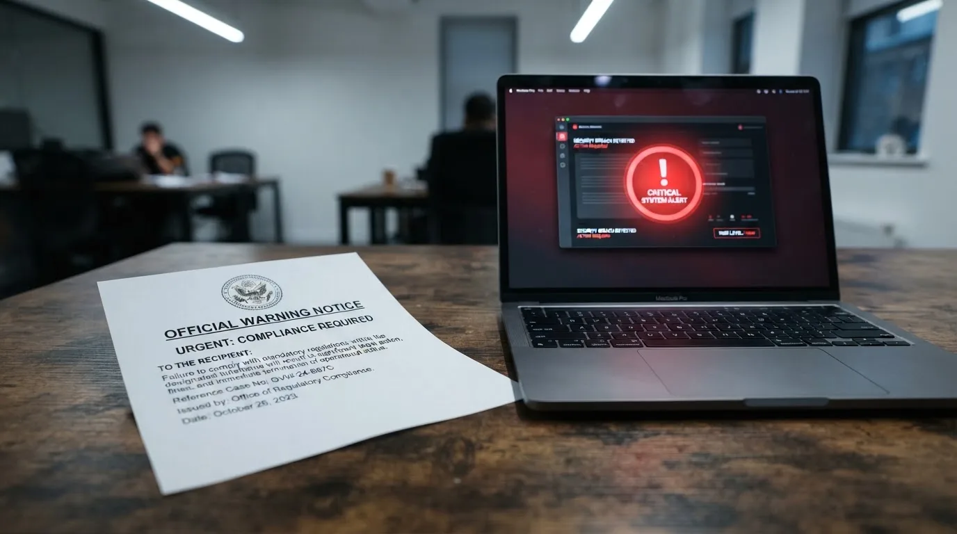 A printed government warning notice on a desk beside a laptop with a red alert icon on the screen.