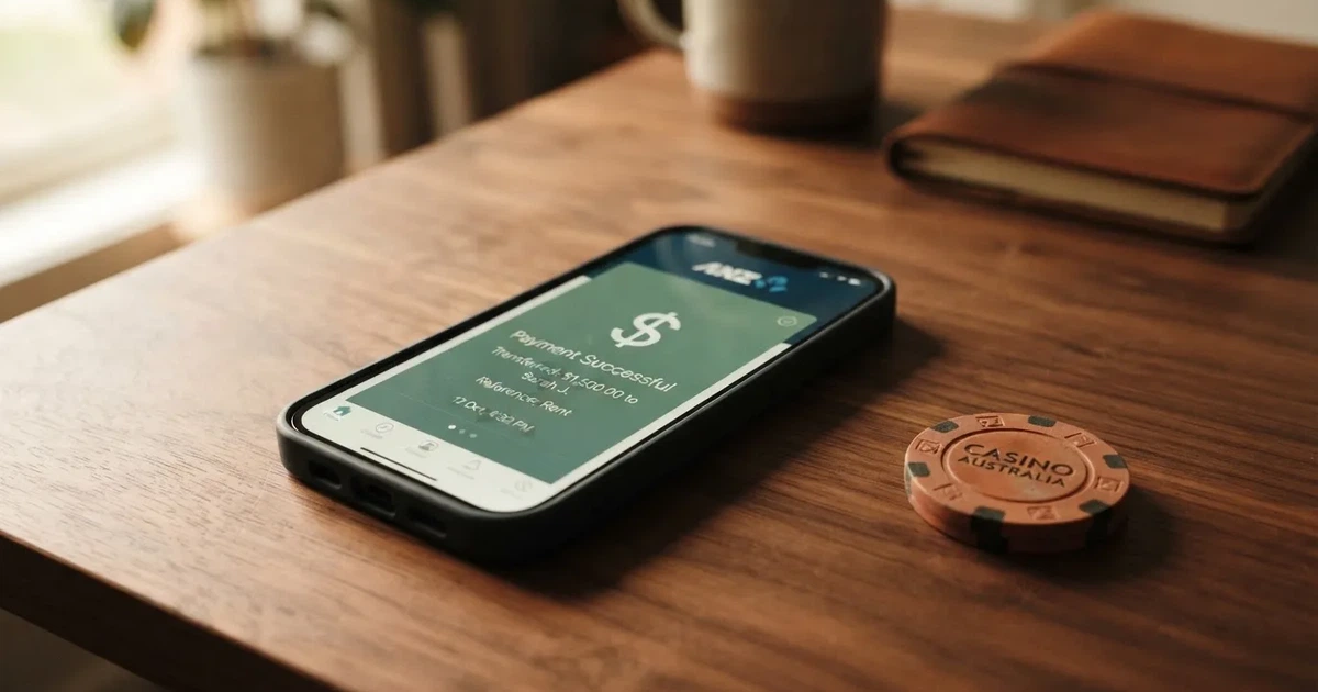 A phone displaying a bank transfer confirmation screen next to a stack of Australian dollar notes.