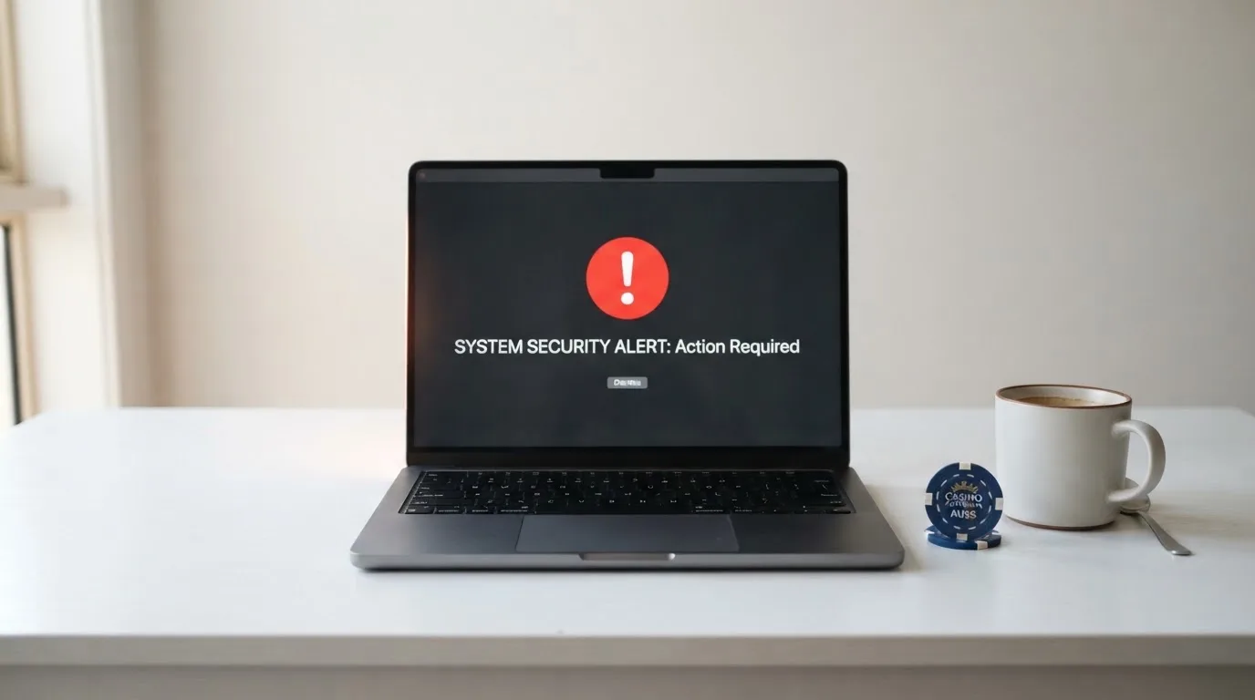 A printed government warning notice on a desk beside a laptop with a red alert icon on the screen.