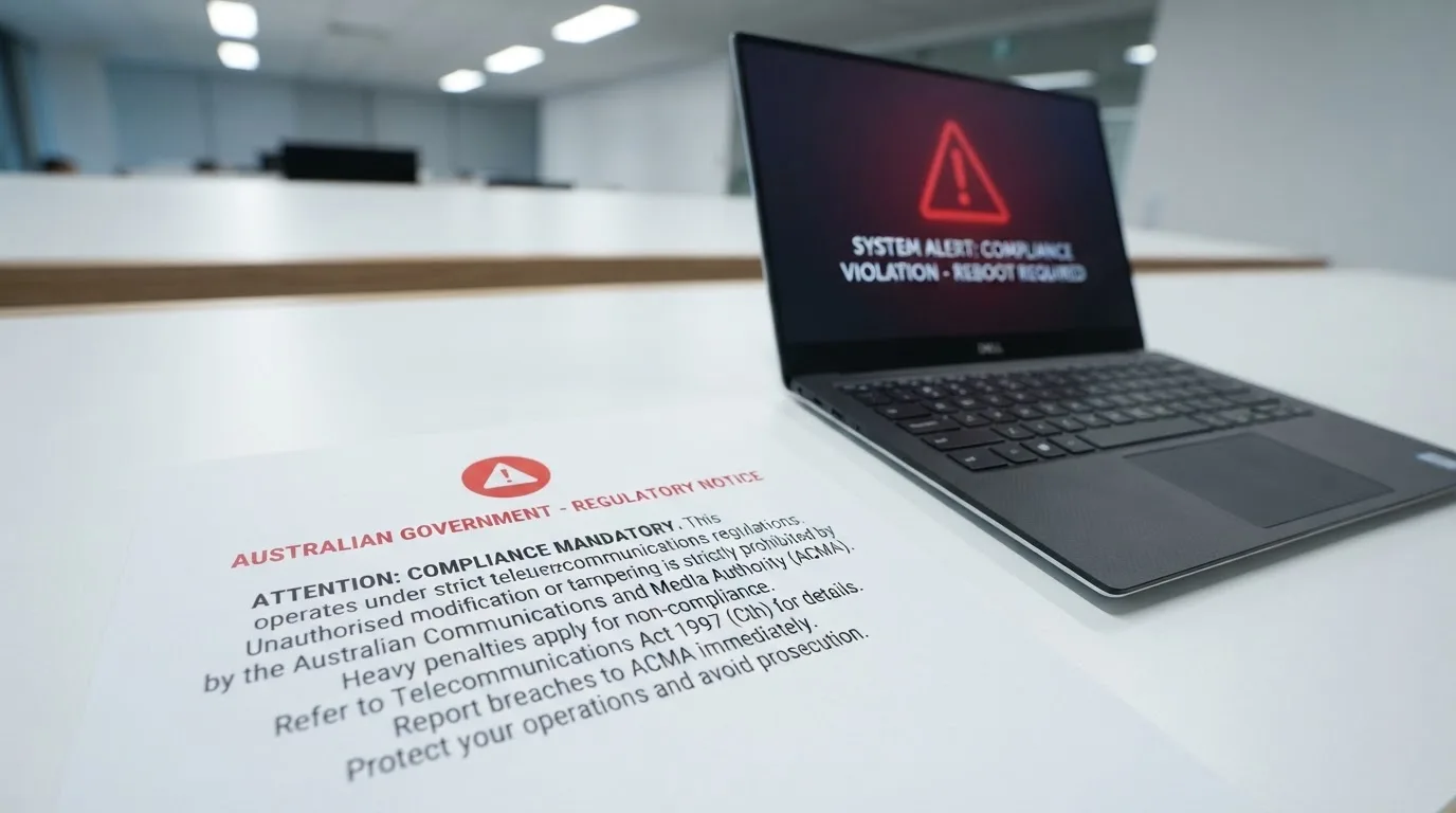 A printed government warning notice on a desk beside a laptop with a red alert icon on the screen.