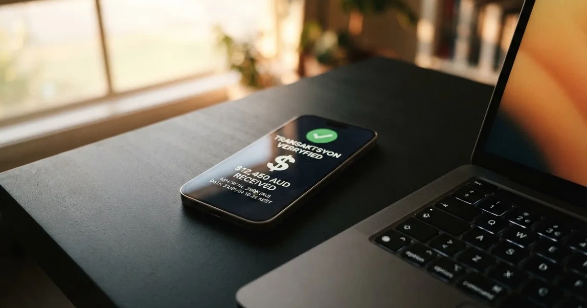 A phone displaying a blockchain transaction confirmation screen next to a laptop keyboard.
