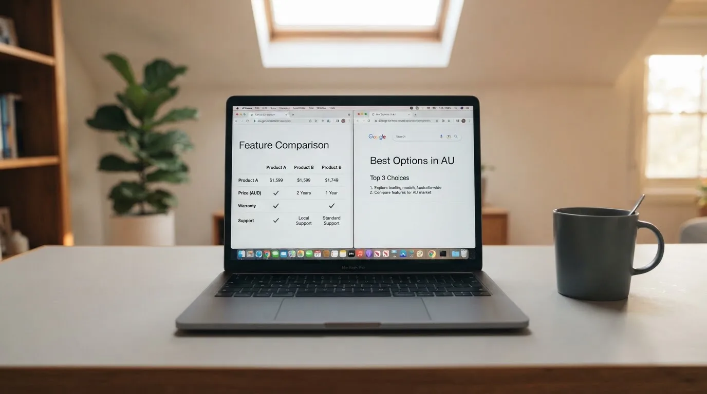 A laptop screen split between two browser tabs, one showing a comparison table and the other a search results page.