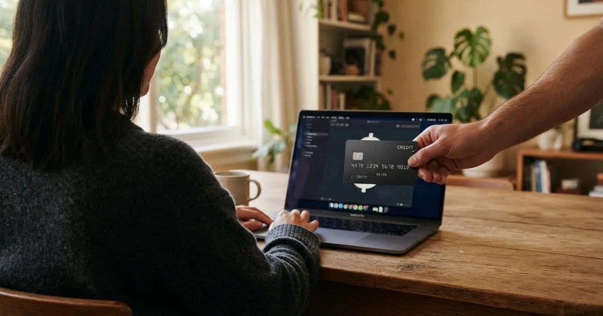 A hand holding a bank card next to a laptop showing an online payment form.
