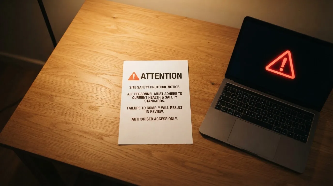 A printed government warning notice on a desk beside a laptop with a red alert icon on the screen.