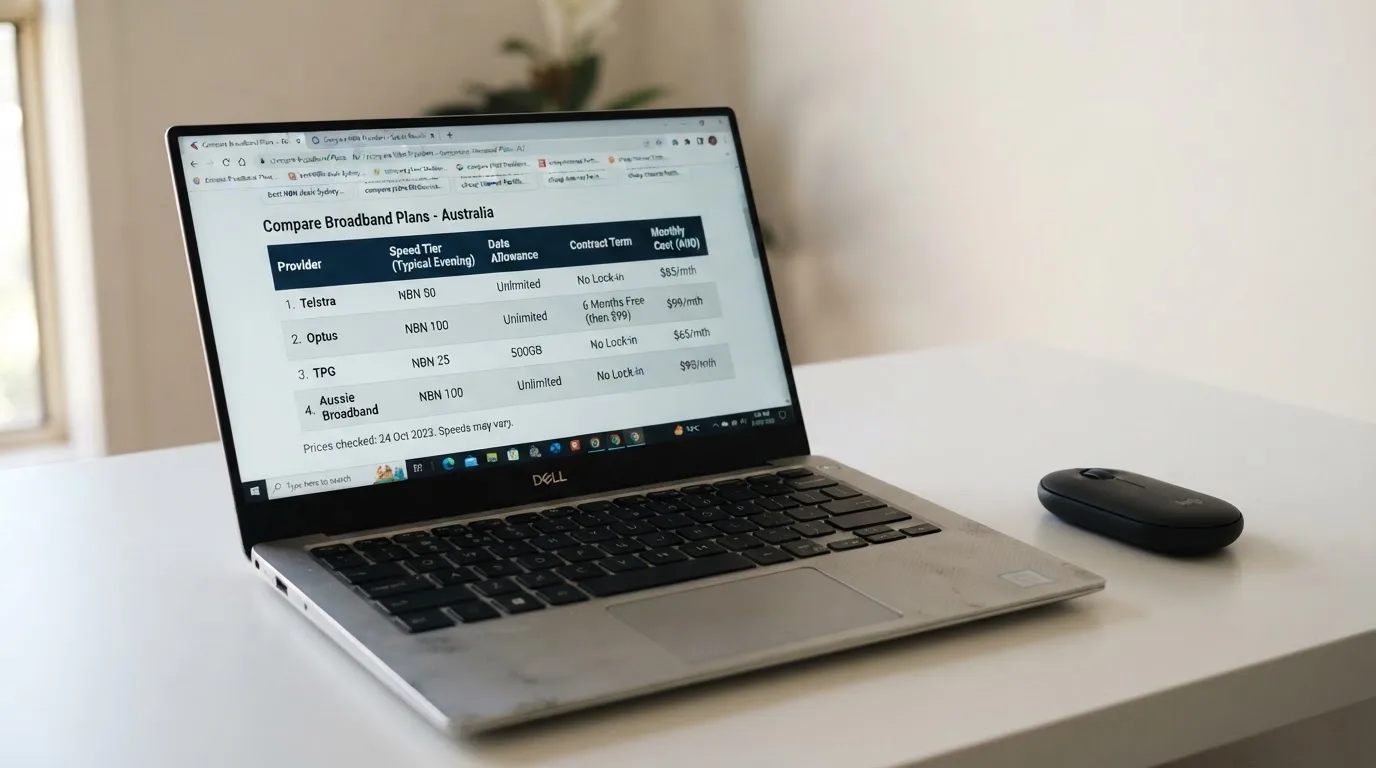A laptop screen split between two browser tabs, one showing a comparison table and the other a search results page.
