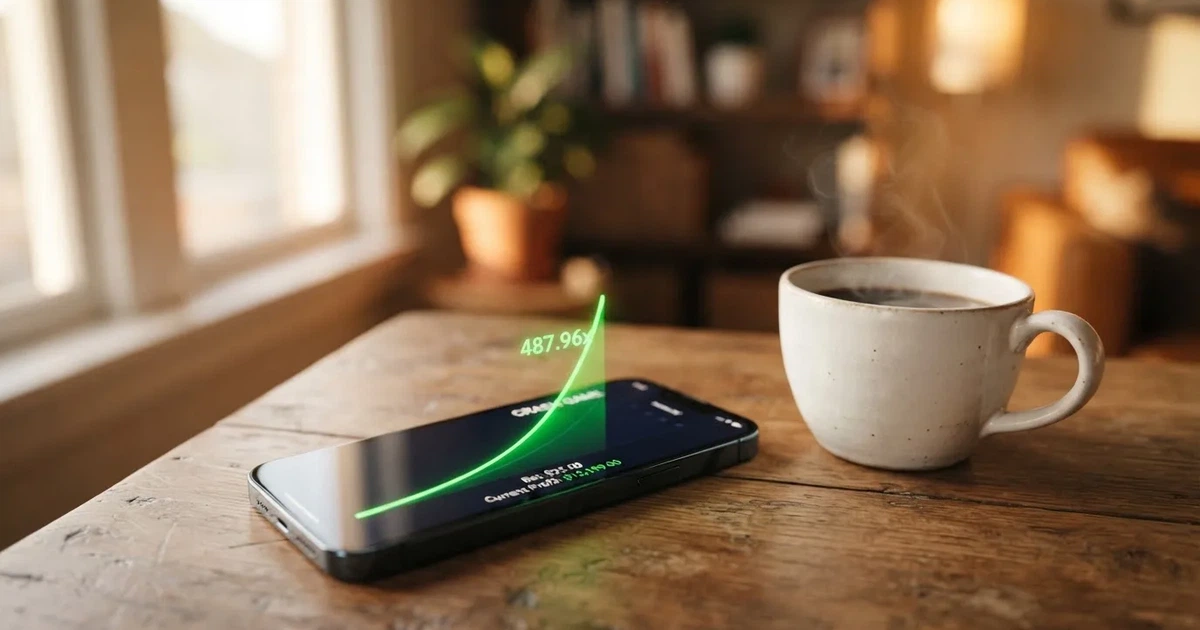 A digital multiplier counter climbing on a phone screen next to a coffee cup.