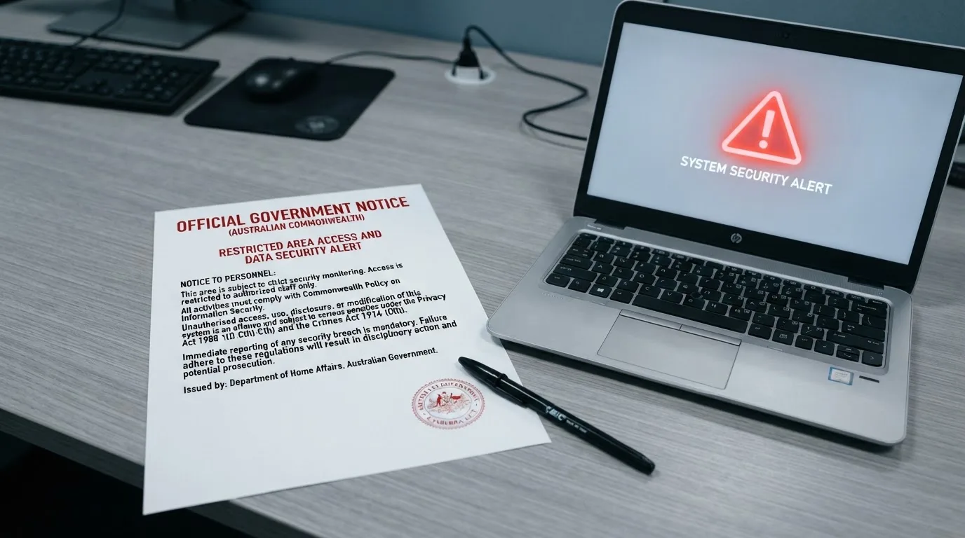 A printed government warning notice on a desk beside a laptop with a red alert icon on the screen.