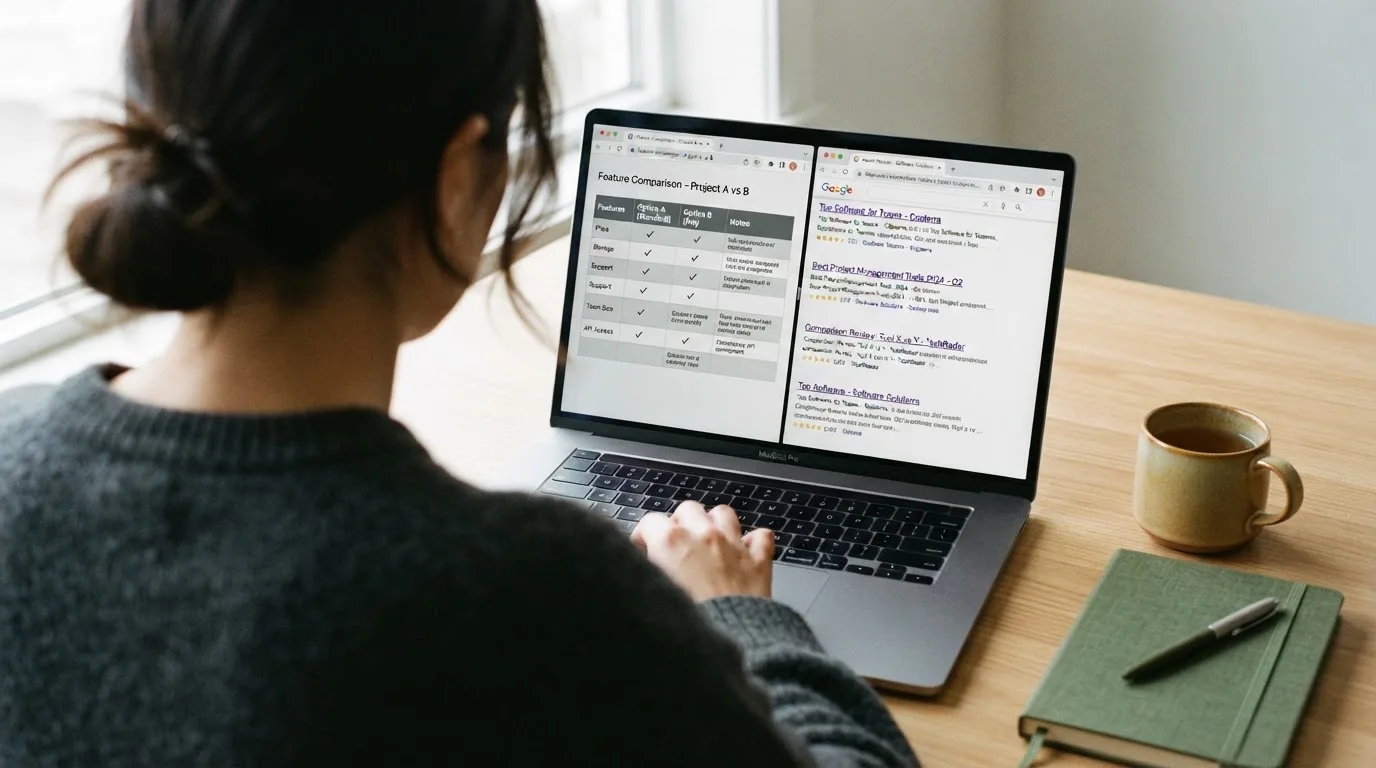 A laptop screen split between two browser tabs, one showing a comparison table and the other a search results page.