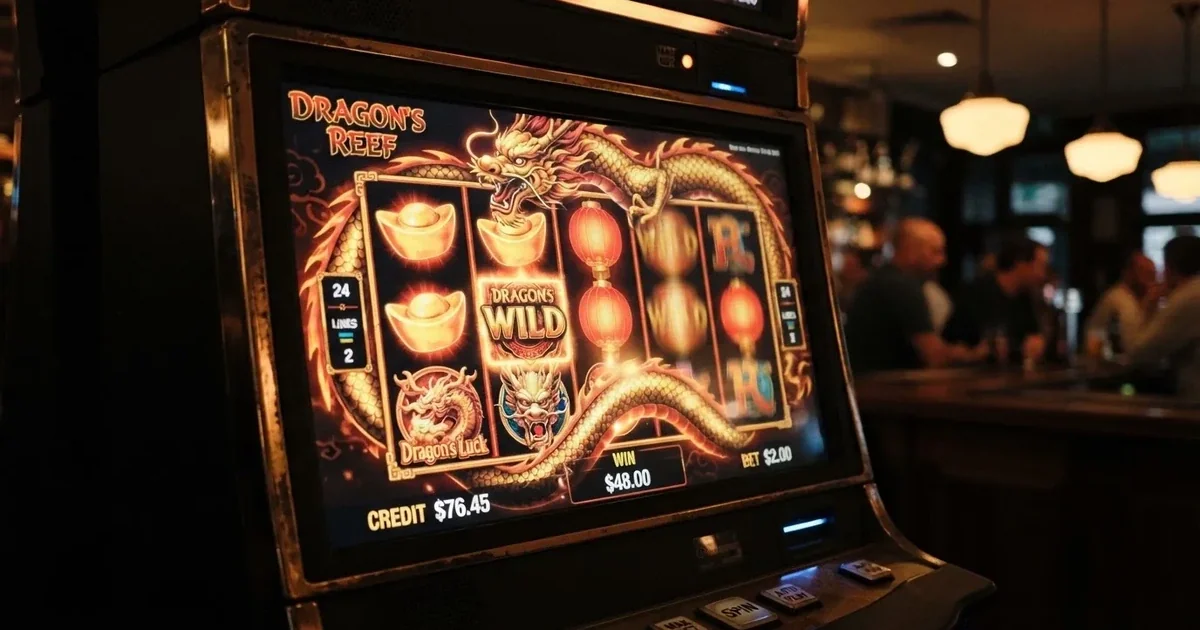 A close-up of a slot reel icon showing a stylised dragon motif on a cabinet screen.