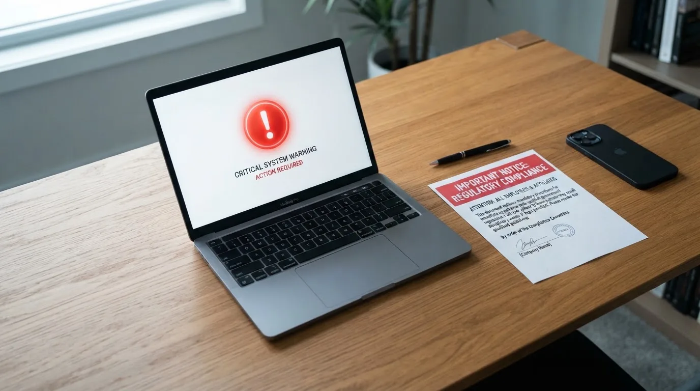 A printed government warning notice on a desk beside a laptop with a red alert icon on the screen.