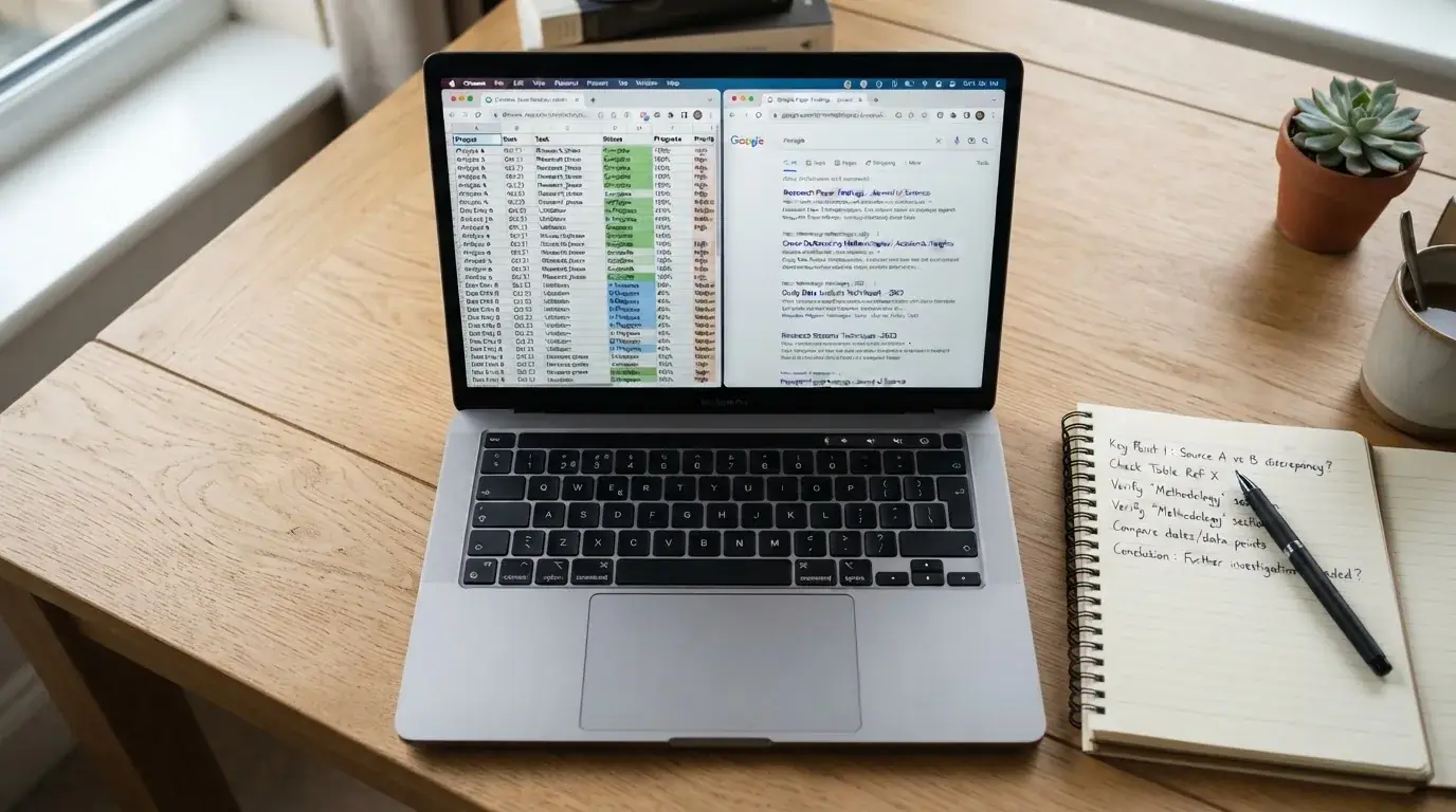 A laptop screen split between two browser tabs, one showing a comparison table and the other a search results page.