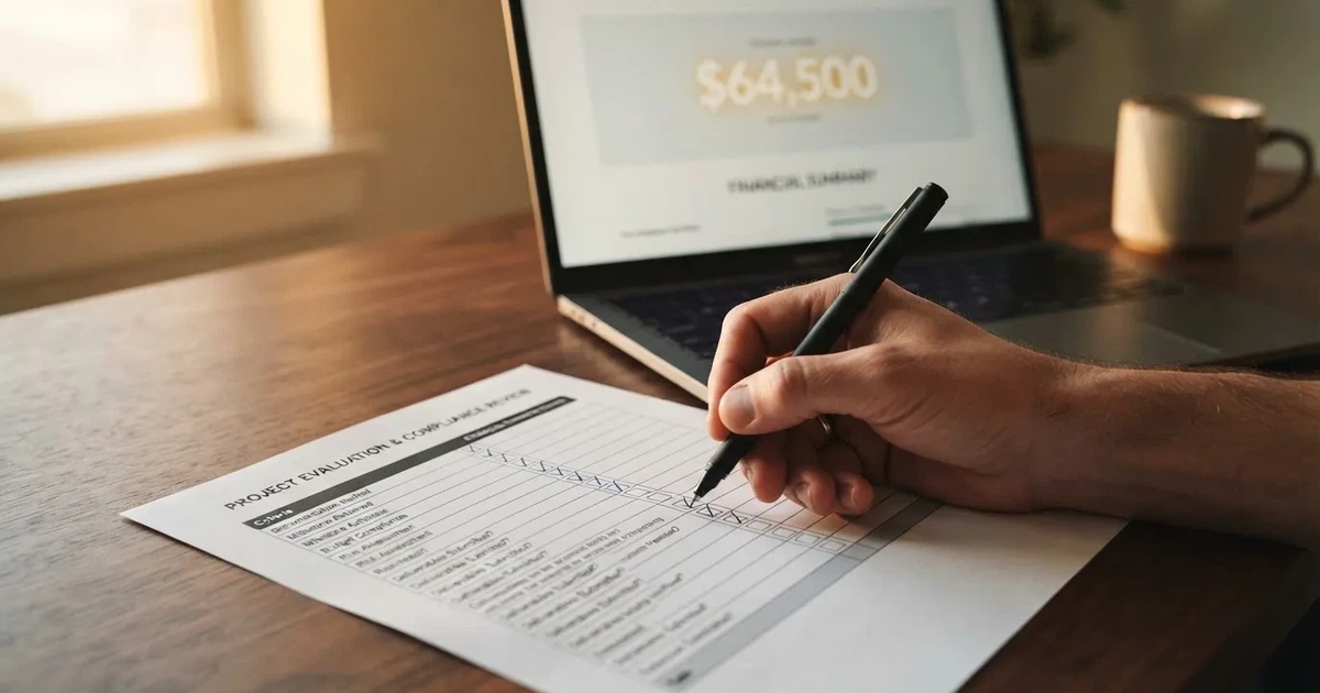 A hand ticking off boxes on a printed checklist next to a laptop.