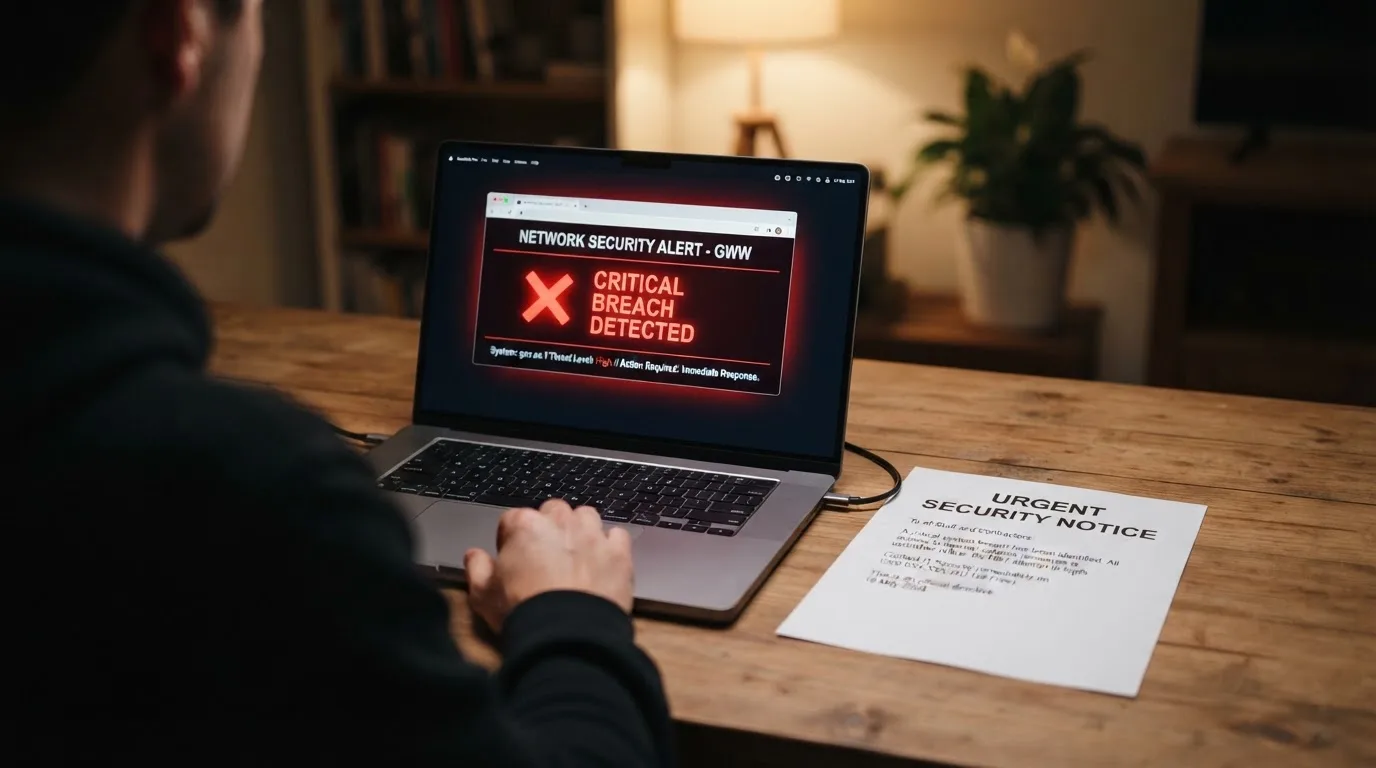 A printed government warning notice on a desk beside a laptop with a red alert icon on the screen.