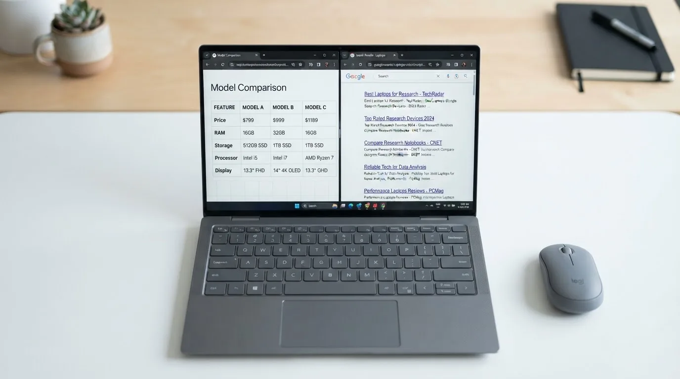 A laptop screen split between two browser tabs, one showing a comparison table and the other a search results page.