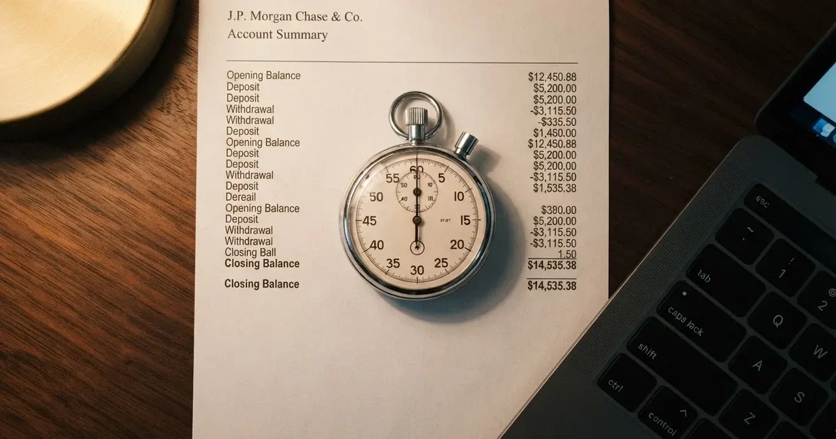 A stopwatch sitting on top of a bank statement next to a laptop keyboard.
